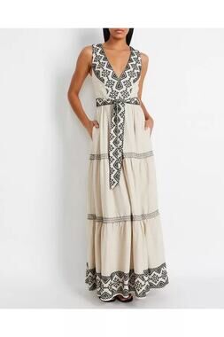 PatBO Tan Black Embroidered Linen Maxi Dress Sleeveless Women’s Size 6